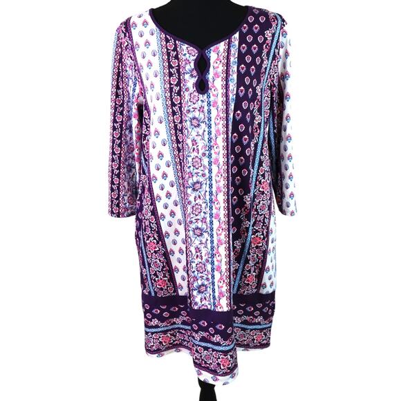 Ellen Tracy Purple Floral Paisley Striped Dress Keyhole 3/4 Sleeves Boho Medium - Picture 1 of 8